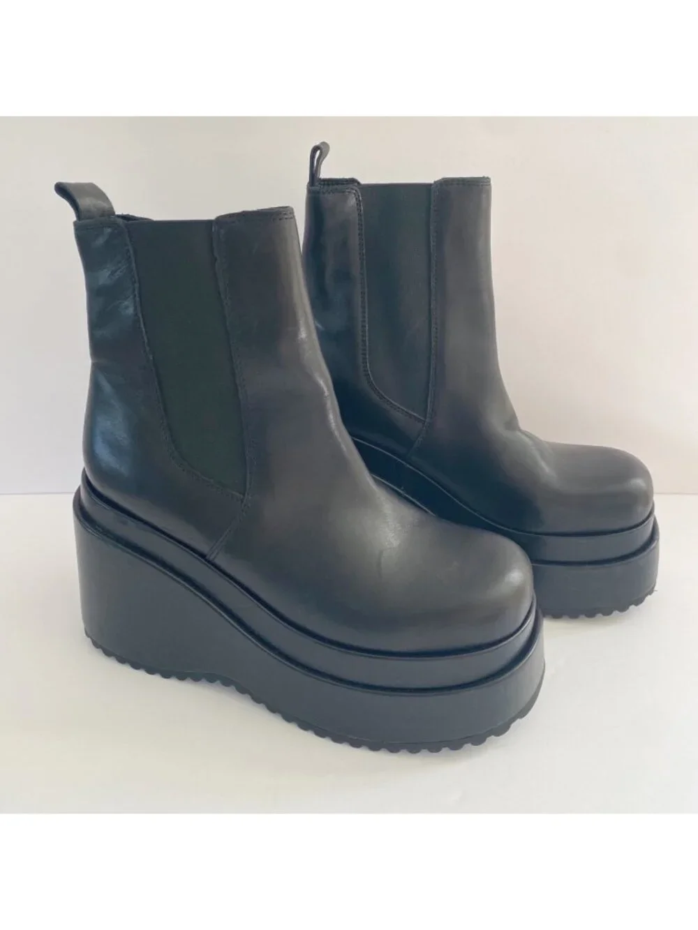 Steve Madden Jesse Platform Wedge Boots Shoes Black Leather